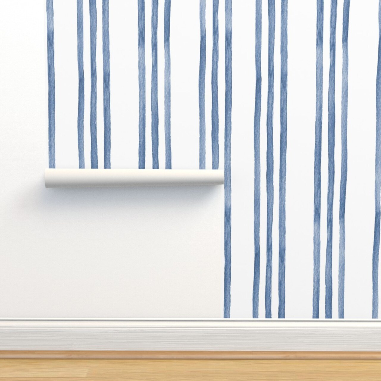 Coastal Stripe Vertical Stripes French Blue White Watercolor Nautical Beach Summer Spring Classic Traditional Custom Pre-pasted Wallpaper by Spoonflower Pre-Pasted Wallpaper 2FT Wide